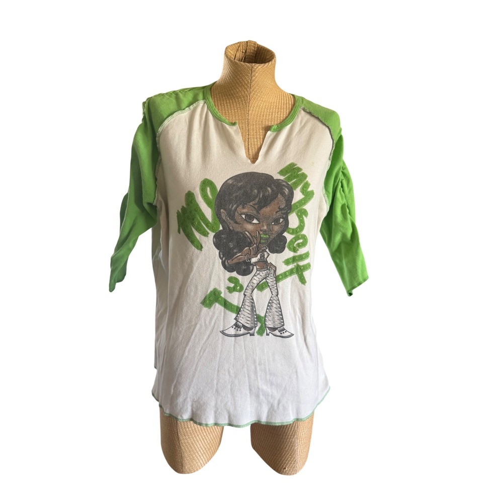 Y2K‎ Beware Bratz Style Graphic Tee Women Green White Good Y2K Raglan Ruched LG